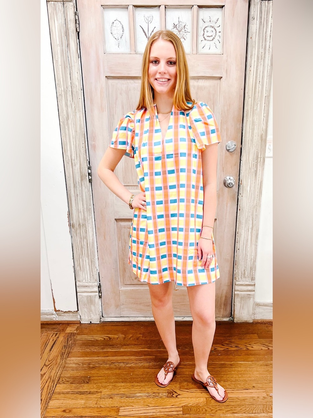 Brooke Wright Sarah Mini Plaid Short Sleeve Shift Dress Cotton Summer